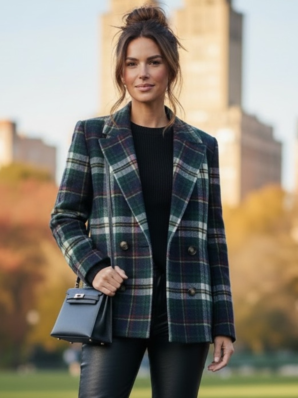 *SET Urban Deluxe Wool Plaid Tartan Double-Breasted Blazer | M